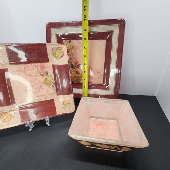 Handmade Unique Mod Podge Glass Plates and Bowl Set Maroon & Roses Design - Picture 6 of 6